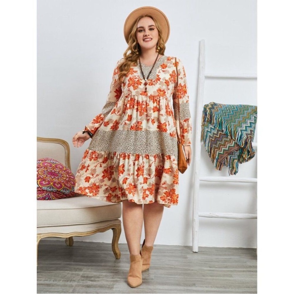 Chic Autumn Floral Long Sleeve Dress
